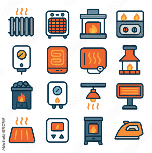 Heating appliances modern flat .radiator, space heater, fireplace, gas stove, water heater, electric coil, heating pad, chimney, sauna stove, boiler, heat lamp, infrared heater,
