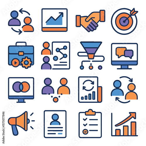 Sales and Marketing Alignment modern flat .Team sync icon, shared KPI chart, lead handoff, aligned goals, sales enablement toolkit, joint strategy plan, pipeline integration,