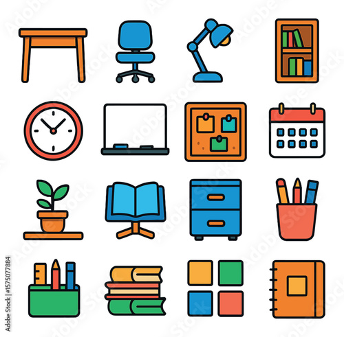 Study space essentials modern flat .desk, study chair, desk lamp, bookshelf, wall clock, whiteboard, corkboard, calendar, plant on desk, book stand, filing cabinet, pencil holder,
