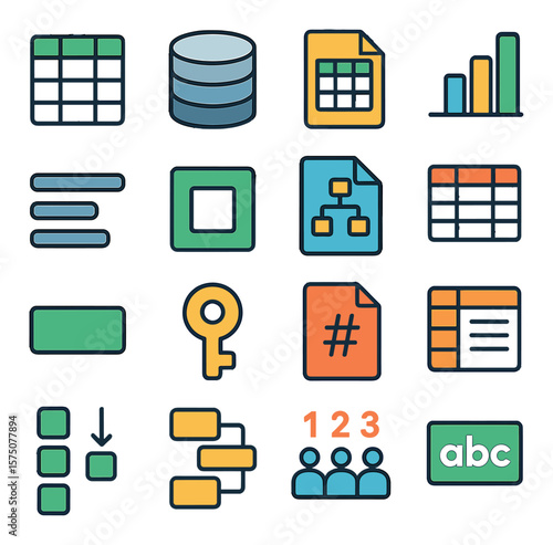 Structured Data Icons modern flat .Spreadsheet grid, database symbol, tab-delimited file, column chart, row icon, cell icon, schema file, data table, field name, primary key, index