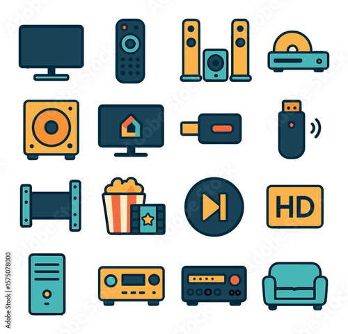 Home entertainment modern flat .TV screen, remote control, surround speaker, DVD player, subwoofer, smart TV icon, HDMI input, streaming stick, wall mount, channel icon, movie