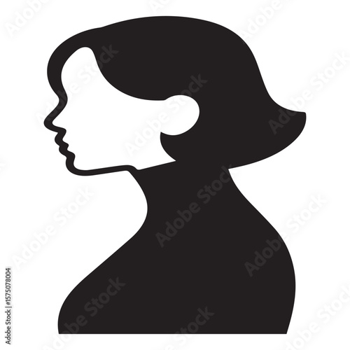 Black silhouette profile of a woman with short bob haircut wearing a turtleneck
