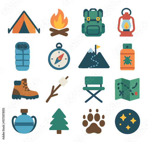 Camping Adventures modern flat .Tent, campfire, backpack, lantern, sleeping bag, compass, mountain trail, bug spray, hiking boots, marshmallow stick, folding chair, trail map,