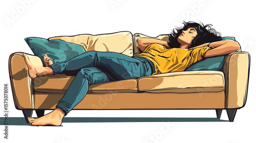 Serene Woman Waiting on Sofa, Anticipation and Relaxation Concept