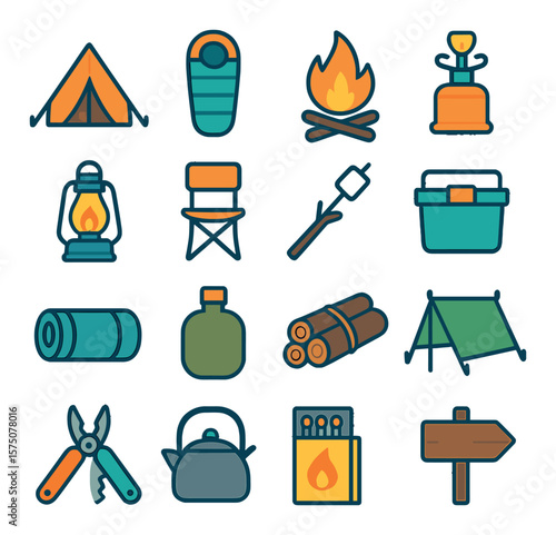 Camping Gear modern flat .Tent, sleeping bag, campfire, camping stove, lantern, folding chair, marshmallow stick, cooler box, ground mat, canteen, firewood bundle, tarp sheet,