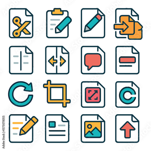 File Editing Tools modern flat .Cut file, paste file, edit file, merge files, split file, convert file, annotate file, redact file, rotate file, crop file, resize file, add