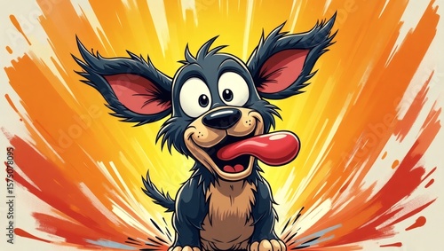 Funny Cartoon Dog with Wild Eyes and Tongue Out Jumping Mid-Air – Playful Comic Illustration with Chaotic Energy and Vibrant Background, Exaggerated Expression

