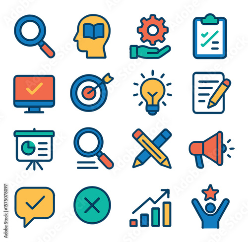 Learning steps modern flat .discover icon, learn icon, apply icon, evaluate icon, test icon, repeat icon, plan icon, research icon, design icon, share icon, write icon, review icon
