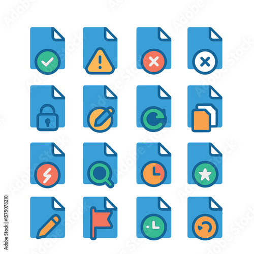 File Icons with Status modern flat .Synced file, warning file, error file, read-only file, locked file, edited file, versioned file, duplicated file, corrupted file, scanned file,