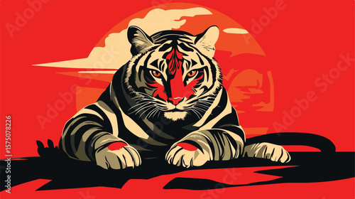Fierce Striped Feline: Symbol of Strength Flat Vector Illustration