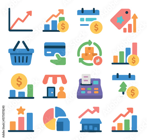 Retail business analytics modern flat .sales trend, profit chart, daily revenue, item margin, customer basket, transaction icon, inventory turnover, pricing graph, gross sales,