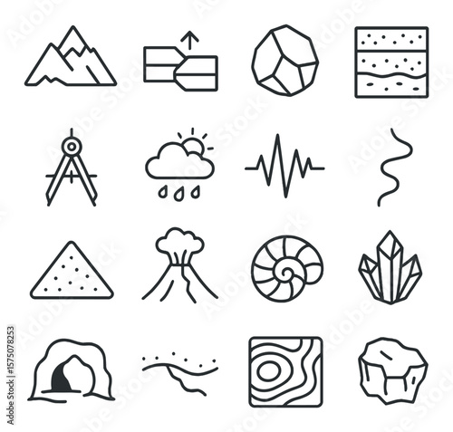 Earth science line art icons. mountain formation, tectonic plates, rock sample, soil layers, compass tool, weather icon, earthquake wave, river path, sediment icon, volcano symbol,