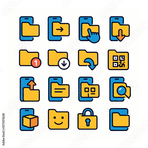 Mobile Folder Interface modern flat .mobile folder icon, swipe folder, touch open folder, drag-and-drop folder, folder with notification, offline folder, folder shortcut, folder QR
