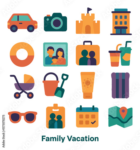 Family Vacation modern flat .Family car, camera, sandcastle, hotel building, child float, group photo icon, shared suitcase, travel snacks, stroller icon, beach playset, sunblock