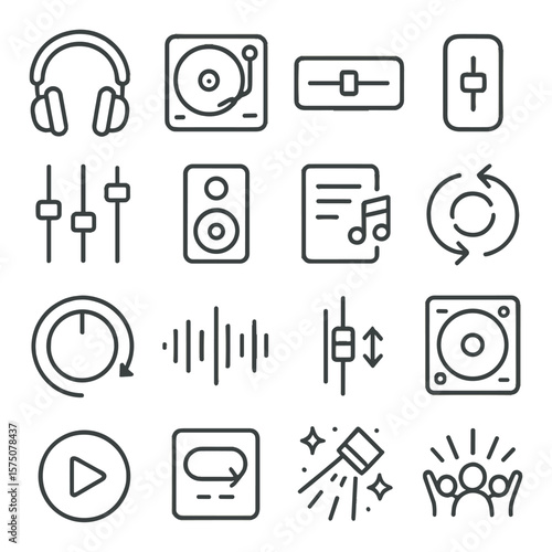 DJ audio gear line art icons. DJ headphones, turntable, crossfader, mic input, EQ knobs, club speaker, playlist icon, beat match symbol, track selector, sound wave, pitch control,