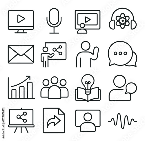 Science communication line art icons. webinar screen, microphone icon, video tutorial, science podcast, email icon, whiteboard drawing, explainer icon, message bubble, info chart,
