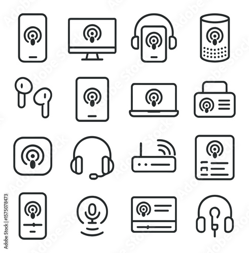 Podcast listening devices line art icons. smartphone icon, desktop screen, laptop with headphones, smart speaker, wireless earbuds, tablet device, car dashboard, speaker dock,