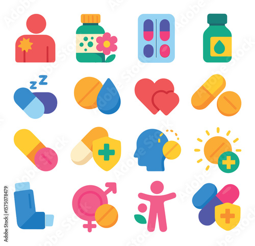 Medical conditions and treatment modern flat .pain relief, allergy medicine, cold & flu pills, digestion aid, sleep aid, blood pressure tablet, diabetes pill, heart medication,