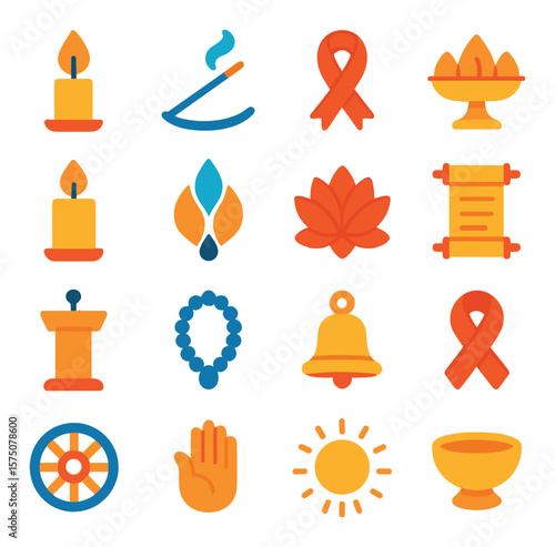 Ceremonial celebration symbols modern flat .candle flame, incense stick, ceremonial ribbon, offering tray, altar candle, unity flame, prayer flower, scroll icon, ceremony stand,