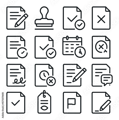 Document statuses line art icons. draft icon, reviewed stamp, approved file, rejected document, in progress file, completed document, scheduled icon, expired form, signed document,