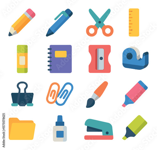 School Supplies modern flat .pencils, pens, scissors, ruler, glue stick, notebook, pencil sharpener, tape dispenser, binder clip, paper clips, paintbrush, marker, file folder,