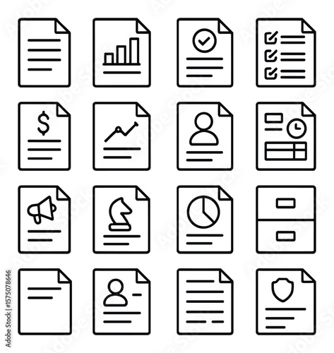 Office documents line art icons. memo sheet, internal report, meeting agenda, task list, budget plan, performance review, staff profile, timesheet form, company announcement,
