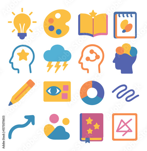 Creative learning modern flat .idea bulb, paint palette, creative book, sketchpad, inspiration icon, brainstorm cloud, thought process, imagination icon, pencil tip, vision board,