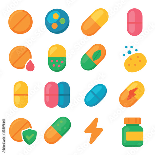 Vitamins and supplements modern flat .vitamin C tablet, multivitamin icon, omega-3 capsule, calcium pill, iron tablet, magnesium icon, probiotic pill, herbal supplement,