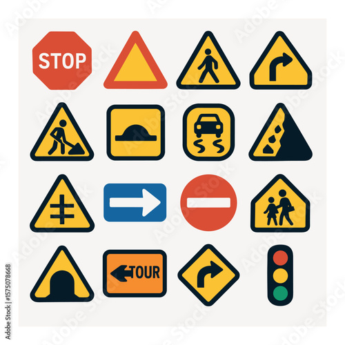 Traffic & Road Signs modern flat .Stop sign, yield warning, pedestrian crossing alert, sharp turn sign, roadwork symbol, speed bump icon, slippery road, falling rocks triangle,