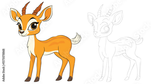 Cute Little Antelope Cartoon Character Coloring Page for Kids