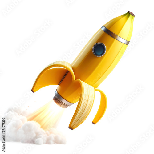 Yellow Banana Rocket Launching with White Smoke Trail on Transparent Background Isolated Transparent Background