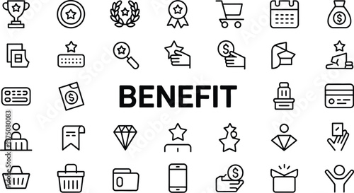Illustration of benefit concept with trophy, money bag, and shopping cart icons set