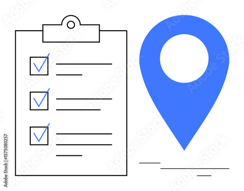 Clipboard with three marked tasks next to a large blue location pin. Ideal for organization, productivity, task management, checklisting, project planning, geolocation, mapping. Simple flat metaphor