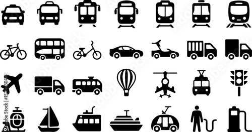 Collection of black and white transportation icons including cars buses trains airplanes boats bicycles hot air balloons and traffic signals representing various modes of travel