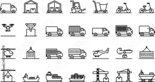 Collection of simple line art icons representing various modes of transportation and logistics including trucks warehouses forklifts scooters drones helicopters ships and cranes