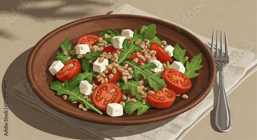 Mediterranean salad with tomatoes, cheese, and arugula on plate  