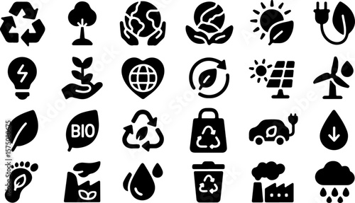 Collection of black eco friendly and sustainability icons representing recycling renewable energy nature conservation and environmental protection concepts