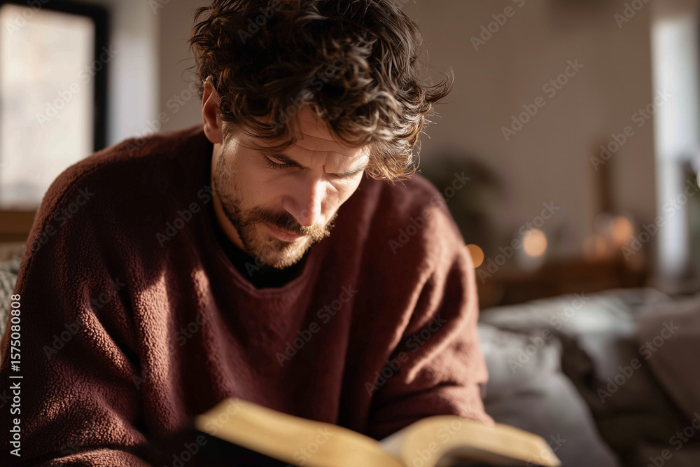 Focused Man Reading Bible with Expression in Warm Light Focused Man Reading Bible with Expression in Warm Light