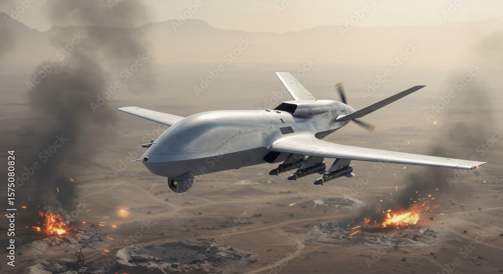 Obraz premium Military drone flying above a desert battlefield with explosions and smoke. Unmanned aerial vehicle for war reconnaissance and emergency.