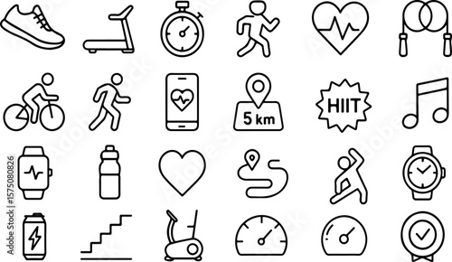 Collection of simple black line art icons representing various fitness activities equipment and health tracking elements on a white background
