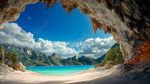 Coastal cave vista with turquoise water sandy beach and distant mountains framed by textured rock formation under blue sky with fluffy clouds scenic landscape