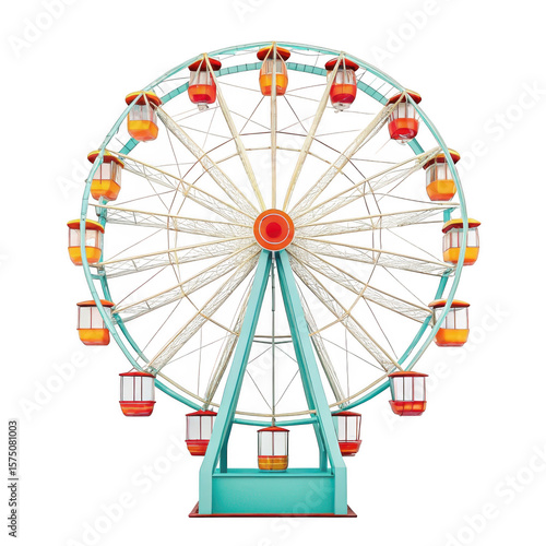 Classic ferris wheel with orange and red gondolas isolated on transparent background