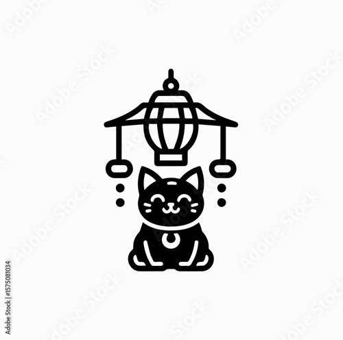 Minimalist Black Vector Logo of Maneki Neko Sitting Under Japanese Hanging Lantern Isolated on White Background