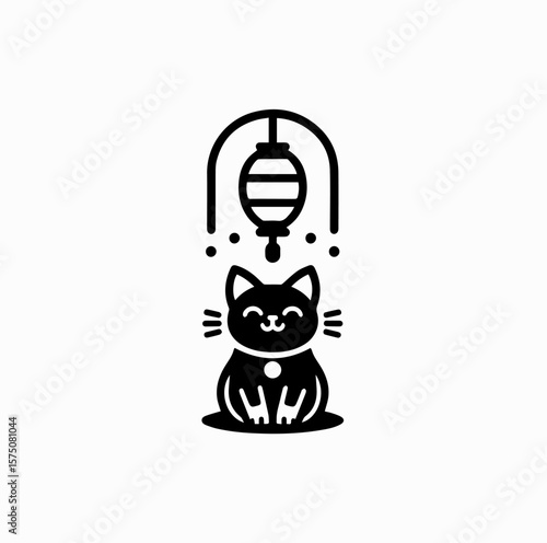 Minimalist Black Vector Logo of Maneki Neko Sitting Under Japanese Hanging Lantern Isolated on White Background