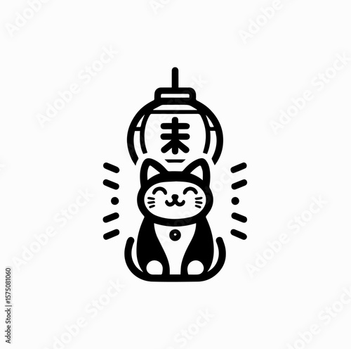Minimalist Black Vector Logo of Maneki Neko Sitting Under Japanese Hanging Lantern Isolated on White Background