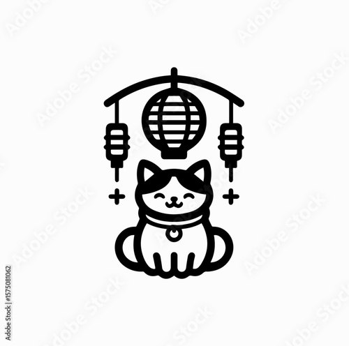 Minimalist Black Vector Logo of Maneki Neko Sitting Under Japanese Hanging Lantern Isolated on White Background