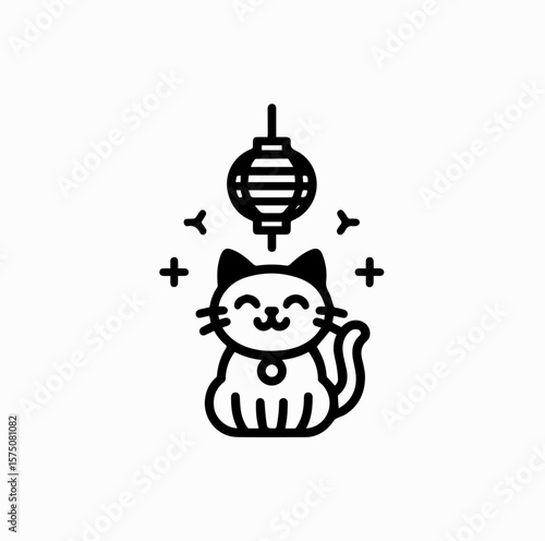 Minimalist Black Vector Logo of Maneki Neko Sitting Under Japanese Hanging Lantern Isolated on White Background