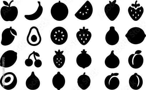 A collection of black silhouette icons representing various fruits including an apple banana orange watermelon strawberry mango avocado kiwi cherries pomegranate and plum