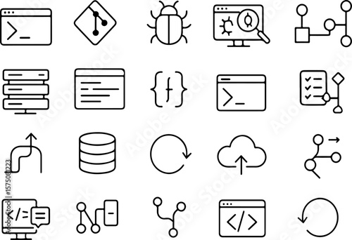 A collection of clean modern line art icons representing various aspects of software development coding debugging and data management with a minimalist aesthetic