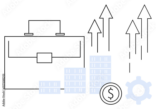 Briefcase next to money stacks, dollar coin, upward arrows, and gear. Ideal for business strategy, financial growth, investment planning, profitability, progress productivity flat simple metaphor